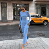 Fresh Blue Slim Fit Design Knitted Sunken Stripe Round Neck Straight Split Dress